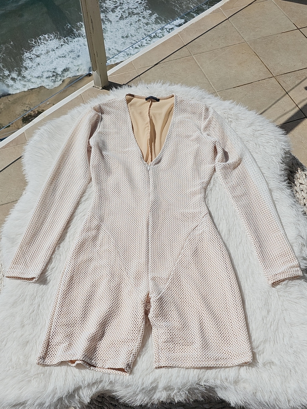 naked wardrobe Beige Mesh Long-Sleeve Romper